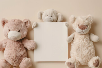 Flay lay of neutral stuffed animals holding white blank mockup sign with copy space on a beige background, milestone announcement concept, Generative AI