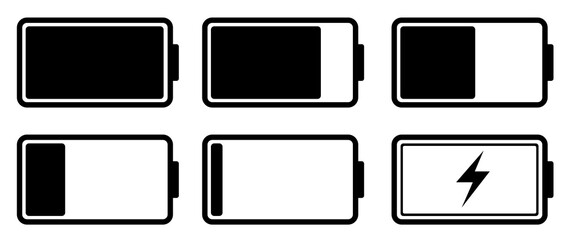 Battery charge level icon set collection. Flat style black color
