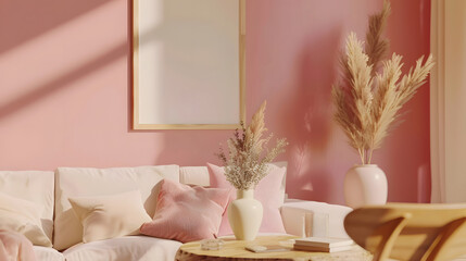 Warm and cozy living room interior with mock up poster frame modular sofa wooden coffee table vase with dried flowers pillows armchair pink wall and personal accessories Home decor Tem : Generative AI