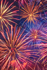 Fototapeta premium A spectacular fireworks display illuminating the night sky with bursts of color, sparkle, and brilliance, painting the darkness with vibrant patterns and cascading showers of light.