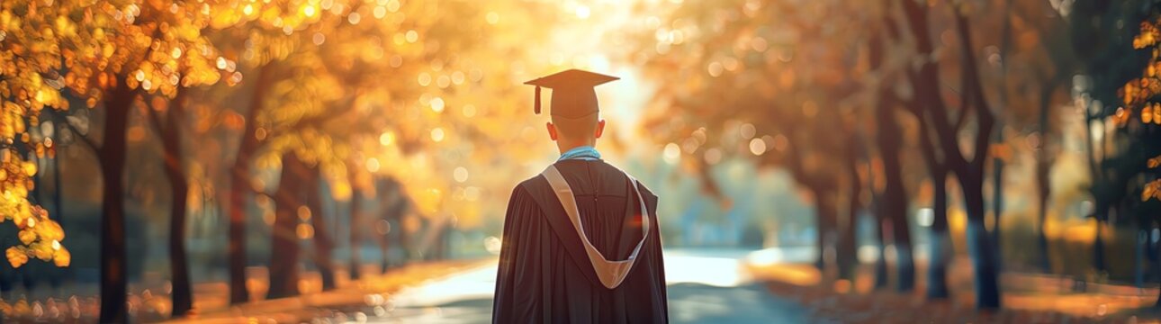 A man student wearing a graduation gown and cap stands on a road, with her back view, sunlight shining through trees, creating an atmosphere of celebration for her school. Grenade surfaces in a panora