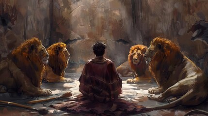 daniel in the lions den digital watercolor painting illustration