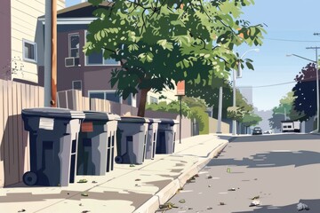 A visually appealing illustration of a row of uniform trash cans on a pristine city sidewalk, highlighting the importance of proper waste disposal and cleanliness in urban areas.