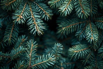 Green fir branches on a dark background. Winter background with branches of coniferous trees. Christmas greeting card background. The nature of the wild forest. New Year, Winter banner.