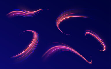 Lines in the shape of a comet against a dark background. Curved light trail stretched upward. Vector Illustration. Illustration of high speed concept.