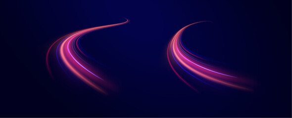 Lines in the shape of a comet against a dark background. Curved light trail stretched upward. Vector Illustration. Illustration of high speed concept.