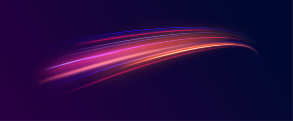 Lines in the shape of a comet against a dark background. Curved light trail stretched upward. Vector Illustration. Illustration of high speed concept.