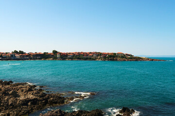Spectacular view onto the peninsula of the old town of Sozopol, Sosopol, surrounded by the intense...