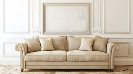 Beige couch standing against white wall with molding and watercolor poster in cozy living room interior : Generative AI