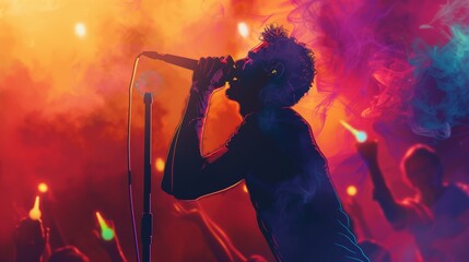Obraz premium Dynamic Male Singer Performing Live on Brightly Lit Stage, Engaging Audience with Powerful Vocals