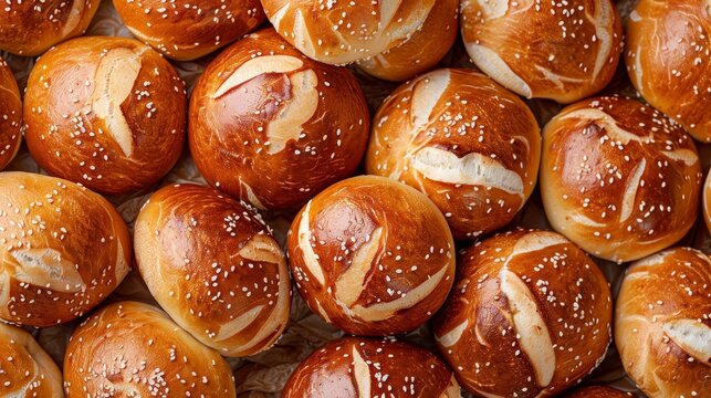 High-detail top view of pretzel buns, highlighting their chewy, salty flavor, perfect for advertising burger toppings, isolated background