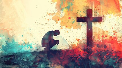 devout christian man praying at the cross watercolor style digital painting