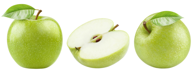 Set of delicious green apples, cut out