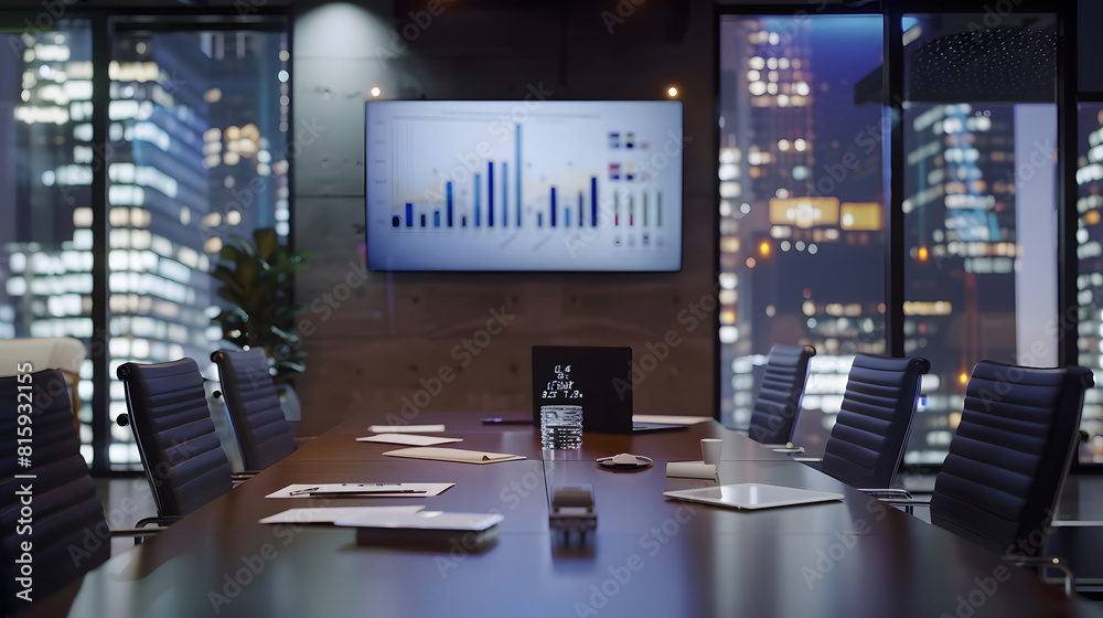 Poster modern empty meeting room with big conference table with various documents and laptop on it wall tv 