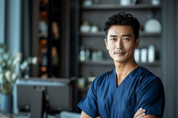A skilled young Asian male doctor in dark blue scrubs stands confidently in a hospital setting, his expression focused, in this professional portrait.