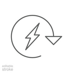 Recharge electric power icon. Simple outline style. Wattage, charger, arrow, thunder, pile, lightning, thunderbolt, energy concept. Thin line symbol. Vector illustration isolated. Editable stroke.