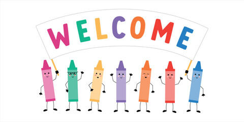 Welcome to Preschool with childish colorful crayon characters. Welcome back to school sign. Gender neutral inclusive design vector poster.