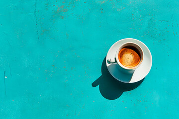 white cup with black coffee on blue background. Top view. Copy space - Powered by Adobe