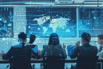 Creative image with hologram of a businessman in a corporate employee meeting via video call.