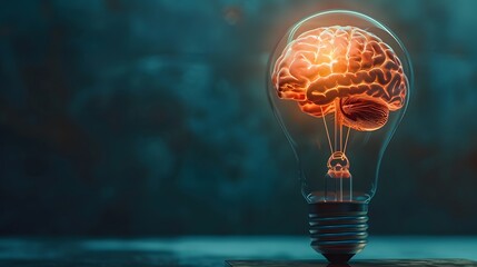 Human brain glowing inside of light bulb on dark background