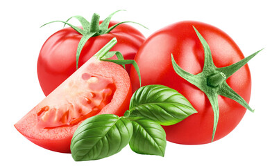 Delicious ripe tomatoes with basil leaves, cut out