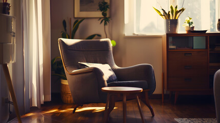 Interior of living room with stylish armchair coffee table and wooden cabinet : Generative AI