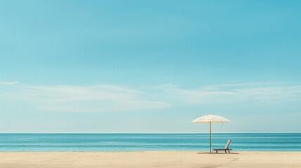 Fototapeta premium Minimalist summer scene with a solitary beach umbrella and lounge chair on golden sand, against a calm blue ocean and clear sky. 
