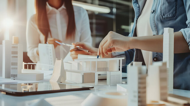 Architects and interior designers women discussing to concept of building design Estimation for construction project with tablet technology Drawing Material and Model Selective focus c : Generative AI