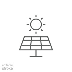 Solar panel icon. Simple outline style. Photovoltaic, sun, installation, roof, generator, heat, sunlight, renewable energy concept. Thin line symbol. Vector illustration isolated. Editable stroke.