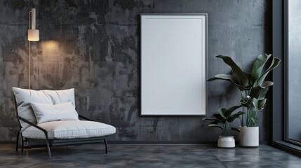 Mockup frame on loft interior with armchair on dark cement wall background.