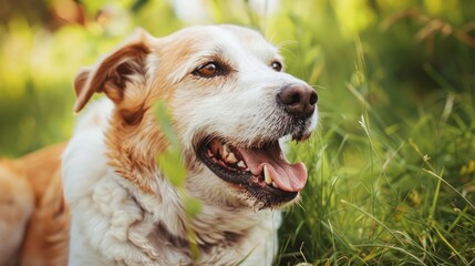 A happy white and brown dog smiling while lying on the green grass with a retro tone