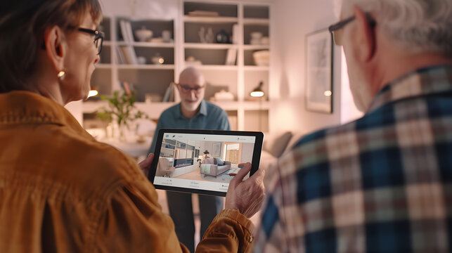 Interior designer with digital tablet showing senior couple augmented reality planning living room remodel : Generative AI