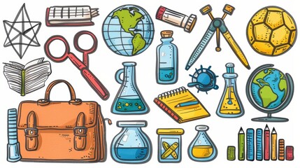 An illustration of school doodles, with a pencil, globe, scissors, backpack, ball, paint, telescope, textbook, abacus, and soccer ball.