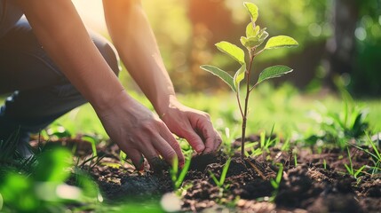 Person planting a tree in a community garden, demonstrating environmental care