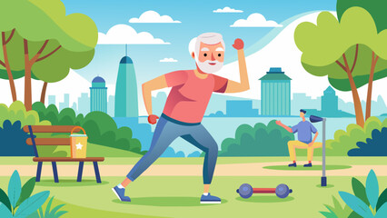 Active Aging: Senior Fitness in the Park. Perfect for: Senior Health Awareness Day, National Senior Citizens Day, Retirement community brochures, Elderly fitness programs promotion.