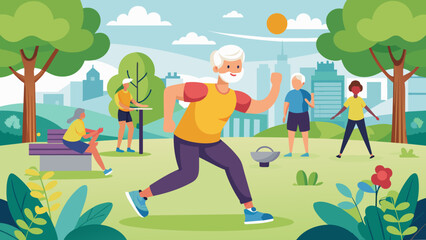 Active Aging: Senior Fitness in the Park. Perfect for: Senior Health Awareness Day, National Senior Citizens Day, Retirement community brochures, Elderly fitness programs promotion.