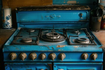 Antique blue gas stove stands in an old-fashioned kitchen, evoking a sense of nostalgia