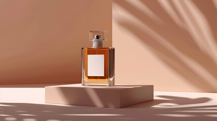 Transparent bottle of perfume with white label on stone plate on a beige background. Fragrance presentation with daylight. Trending concept in natural materials with palm leaf shadows.