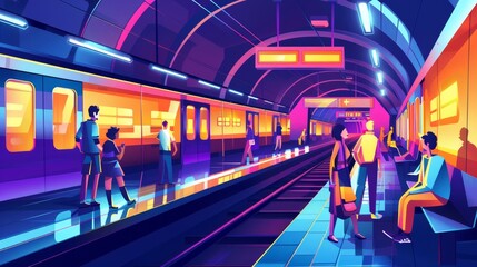 People at subway platform and train at metro station. Passengers stand, walk, or sit in underground tunnel. Tourists and citizens taking urban public transportation. Line art modern illustration.