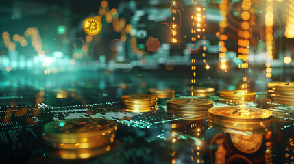 the latest trends in digital finance with our Digital Finance Trends Visualization. This image showcases a futuristic landscape populated with digital currency icons and charts illustrating the rise o