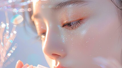 Person applying eye drops for red and teary eyes, side view, Immediate relief, Advanced tone, Analogous Color Scheme