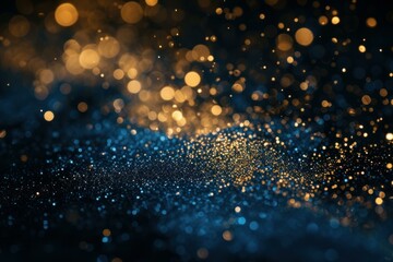 Abstract image featuring a vibrant blue backdrop with sparkling golden bokeh lights