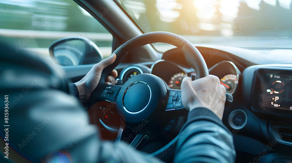 Aufkleber hands on the wheel when driving at high speed from inside the car : generative ai