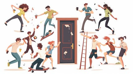 Falling from ladders, stooping on stools, getting injured on skateboards. Modern illustration of men and women failing, breaking cups, hitting door heads and dropping food.