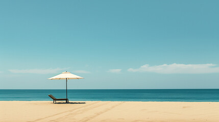 Fototapeta premium Solitary beach umbrella and lounge chair on pristine golden sand, with a backdrop of a calm blue ocean meeting a clear sky. 