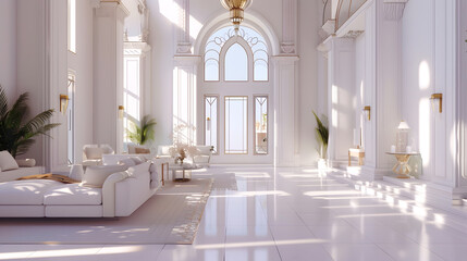Fototapeta premium snowwhite luxury apartment interior with Egyptianstyle decor with light stylish furniture huge panoramic windows and an archway minimalism and simplicity with the elegance of modern ho : Generative AI