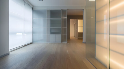 empty refurbished room in modern apartment renovated living space white cabinet with shelves glass partition door and floor with wooden laminate : Generative AI