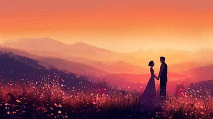 Capture a dreamy panoramic view at sunset for a pre-wedding photoshoot filled with romance Include a couple in elegant attire