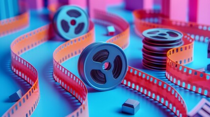 Bright and colorful 3D illustration of film reels and strips, artistically arranged in a vivid, cinematic display.
