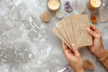 woman hands holding tarot cards, fortune telling, prophecy reading concept, top view esoteric magical layout with crystals, oracle and candles